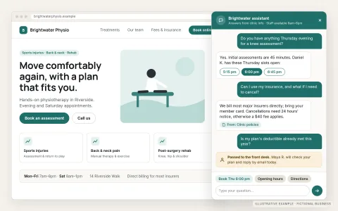 Illustrative website for a fictional physiotherapy clinic with an open chat assistant. The assistant answers a visitor's questions about appointment availability and insurance, cites the clinic's own policies, offers bookable time slots, and passes one question it cannot answer to the front desk.