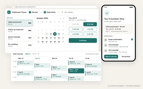 Illustrative online booking system for a fictional physiotherapy clinic, Brightwater Physio: a booking page where a client picks a service, a date on the month calendar and an available time slot, a phone showing the booking confirmation with its reminder schedule, and the staff week calendar filled with appointments.