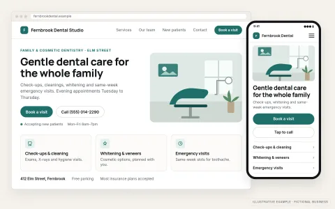 Illustrative small-business website for a fictional dental practice, Fernbrook Dental Studio, shown in a desktop browser with a hero, services and a "Book a visit" button, and a phone beside it showing the same site's mobile layout with a tap-to-call contact button.