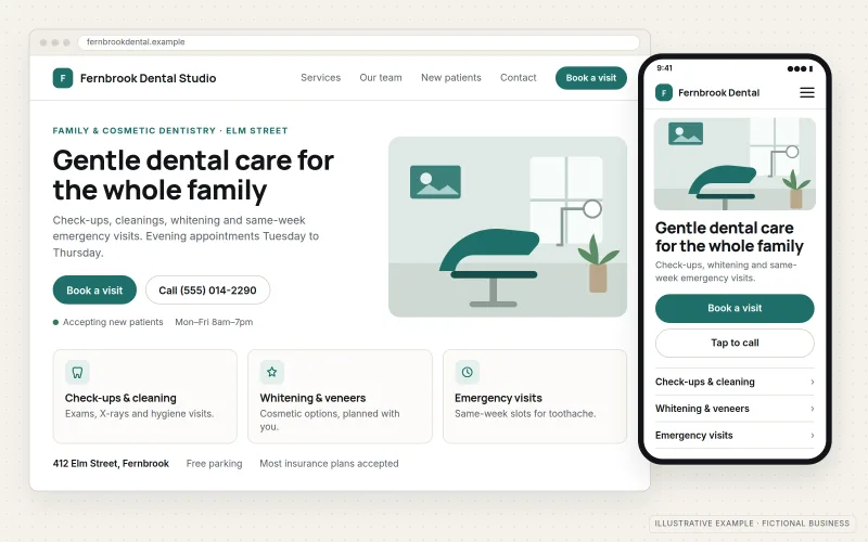 Illustrative small-business website for a fictional dental practice, Fernbrook Dental Studio, shown in a desktop browser with a hero, services and a "Book a visit" button, and a phone beside it showing the same site's mobile layout with a tap-to-call contact button.
