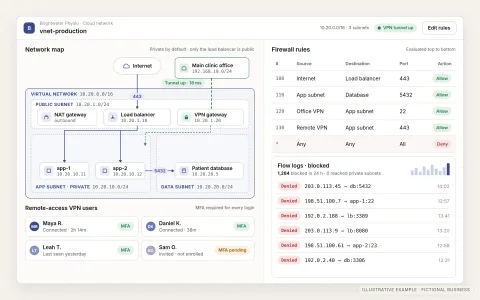 Illustrative virtual network for a fictional physiotherapy clinic. A network map shows public and private subnets with a load balancer, app servers and a database, a site-to-site VPN tunnel to the office marked Up, and remote-access users with MFA; beside it, firewall rules allow web traffic to the load balancer and database traffic only from the app subnet and deny everything else, above a log of blocked connections.