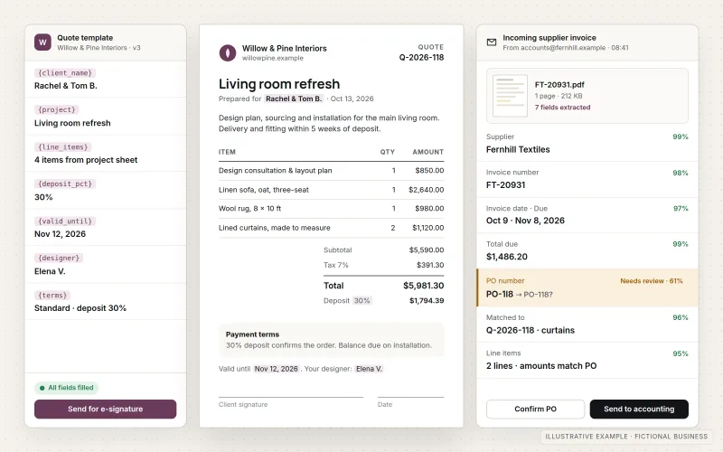 Illustrative document automation for a fictional interior design studio. A generated quote document sits beside the template fields that filled it, and an extraction panel reads fields from an incoming supplier invoice with confidence scores, flagging one low-confidence field as needs review.