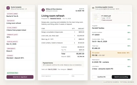 Illustrative document automation for a fictional interior design studio. A generated quote document sits beside the template fields that filled it, and an extraction panel reads fields from an incoming supplier invoice with confidence scores, flagging one low-confidence field as needs review.
