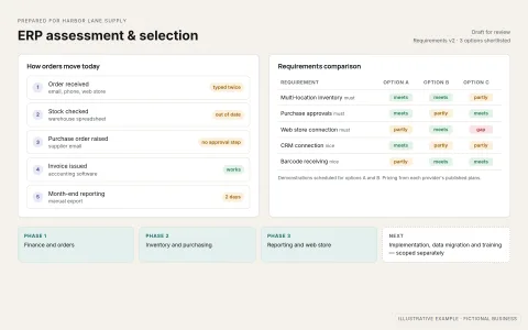 Illustrative ERP assessment for a fictional distributor, Harbor Lane Supply: a current-process map from orders to inventory, purchasing, invoicing and reporting with re-keying issues flagged, a requirements comparison of three unnamed platform options marked as meets, partly or gap, and a three-phase plan noting that implementation is scoped separately.