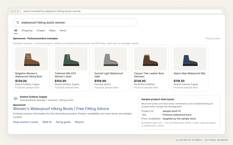 Illustrative Search and Shopping results with fictional outdoor products, retailers and sample prices, plus a sample product-feed data panel. Not client work or campaign results.