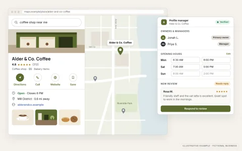 Illustrative map search listing for a fictional coffee shop, Alder & Co. Coffee, showing its category, 4.8-star rating, opening hours, neighborhood address, Call, Directions and Website buttons and a strip of photos beside a map pin, with a profile manager panel listing owners and managers, an hours editor and a review waiting for a reply.