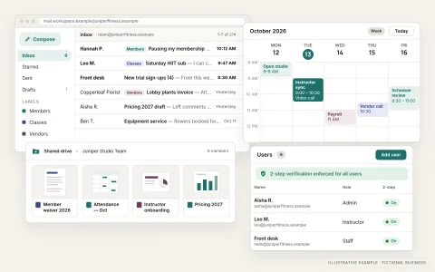 Illustrative cloud office workspace for a fictional fitness studio, Juniper Fitness Studio: a web mail inbox with labels, a calendar week view with an instructor meeting, a shared drive of documents, spreadsheets and slide decks, and an admin users panel showing 2-step verification turned on for every user.