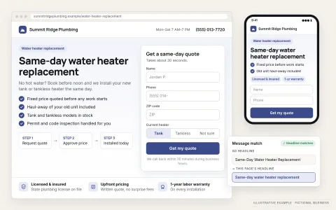 Illustrative campaign landing page for a fictional plumbing company offering same-day water heater replacement, with one headline, benefit bullets, trust badges for licensing, insurance and warranty policy, a short quote form and a single call to action, shown in a desktop browser with the mobile version on a phone and a note matching the ad headline to the page.