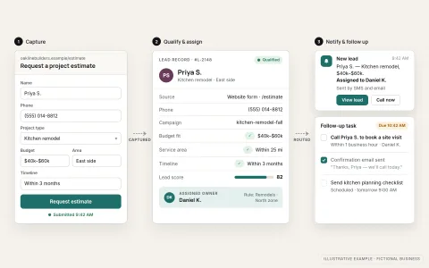 Illustrative lead capture and routing flow for a fictional home builder: a submitted estimate request form flows into a lead record with qualification checks and an assigned owner, which triggers a "New lead assigned to Daniel K." notification and a follow-up call task.