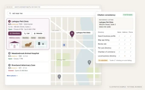 Illustrative local search results for a fictional pet clinic: a drawn street map with three pins next to a list of three nearby clinics, with the featured clinic highlighted with its rating, hours, distance and Directions, Call and Website buttons, plus a citation checklist confirming the business name, address and phone match across directories.