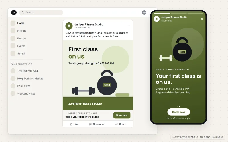 Illustrative social media ads for a fictional fitness studio: a sponsored feed post with a square creative, headline and "Book now" button, beside a phone showing the same offer as a full-screen vertical story ad with a swipe-up call to action.