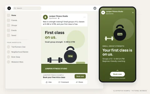 Illustrative social media ads for a fictional fitness studio: a sponsored feed post with a square creative, headline and "Book now" button, beside a phone showing the same offer as a full-screen vertical story ad with a swipe-up call to action.
