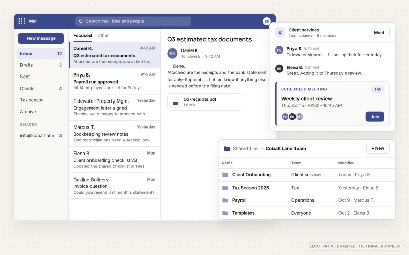 Illustrative business collaboration suite for a fictional accounting firm, Cobalt Lane Accounting: an email inbox with folders, a message list and a reading pane, a team chat channel with a scheduled client review meeting, and a shared files library organized into team folders.