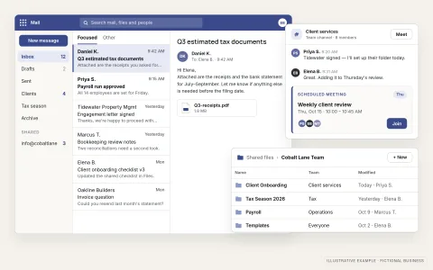 Illustrative business collaboration suite for a fictional accounting firm, Cobalt Lane Accounting: an email inbox with folders, a message list and a reading pane, a team chat channel with a scheduled client review meeting, and a shared files library organized into team folders.