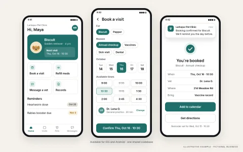 Illustrative mobile app for a fictional pet clinic shown on three phones: a home screen with the pet's profile, next visit and quick actions; a booking screen for choosing a reason, day and time; and a confirmation screen with a reminder notification and visit details.