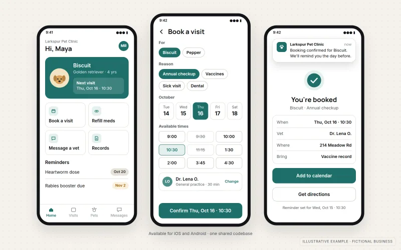 Illustrative mobile app for a fictional pet clinic shown on three phones: a home screen with the pet's profile, next visit and quick actions; a booking screen for choosing a reason, day and time; and a confirmation screen with a reminder notification and visit details.