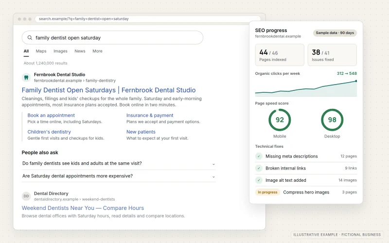 Illustrative search results page where a fictional dental practice's organic listing appears with its title, web address, description and sitelinks, next to an SEO progress panel showing sample data for pages indexed, technical issues fixed and page speed scores.