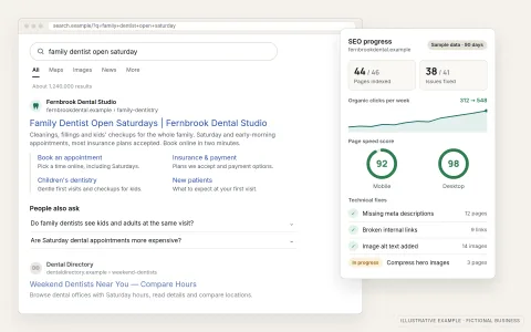 Illustrative search results page where a fictional dental practice's organic listing appears with its title, web address, description and sitelinks, next to an SEO progress panel showing sample data for pages indexed, technical issues fixed and page speed scores.
