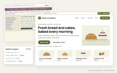 Illustrative before-and-after website redesign for a fictional bakery, Maple Lane Bakery: a small, faded, cluttered old site sits behind a clean redesigned site with a clear menu, order button and opening hours, plus a note card listing old pages redirected to new ones.